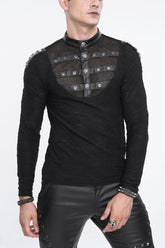 Chemise Punk Noire pour Homme avec Col Montant et Épissage en Maille